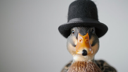 Close Up Mallard Duck Wearing Black Top Hat on Grey Background