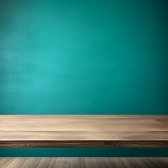 Teal background with a wooden table, product display template. teal background with a wood floor. Teal and white photo of an empty room for presentation