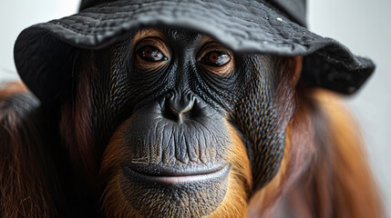Close Up Portrait of Orange and Black Orangutan with Black Hat