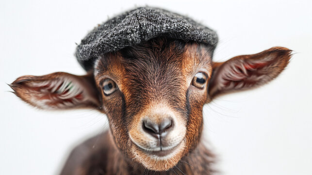 Adorable Brown Goat Kid Wearing Stylish Gray Beret on White Background