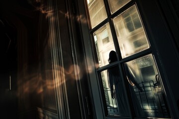 A woman standing in a dark room, silhouetted against a window illuminated by dim light