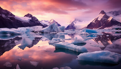 icebergs in a body of water with mountains in the background