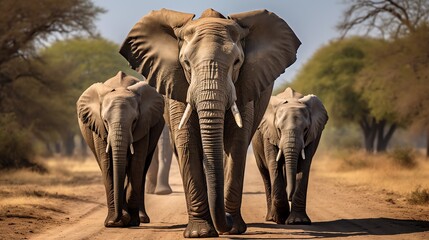 a group of elephants walking on a dirt road