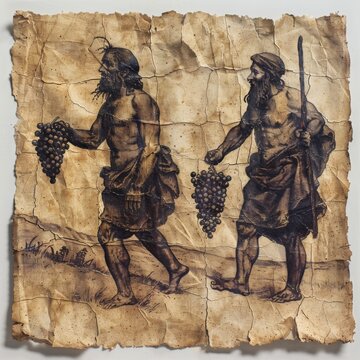 Joshua and Caleb Returning with Grapes from Canaan on Old Paper


