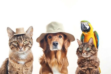 Cat, dog, and parrot wearing hats, looking at camera, on white background, copy space Concept: pet fashion, animal hats, funny pets, studio portrait