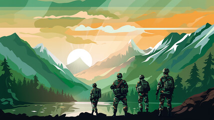 Soldiers with Indian flag. Greeting card for Republic Day , Independence Day . National celebration.