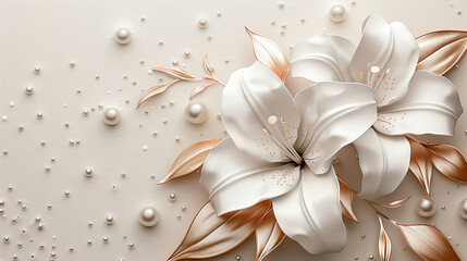 Elegant White Flowers and Golden Leaves on Cream Background with Pearls