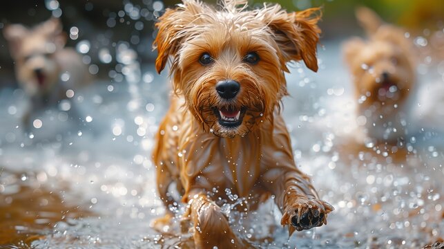 funny happy dogs running in water