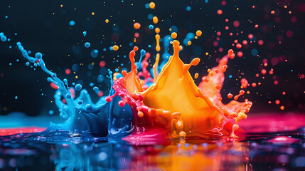 Vibrant Color Splash Dance in Blue Red Orange on Black Background - obrazy, fototapety, plakaty