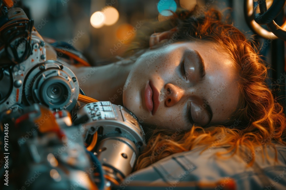 Poster an up-close perspective of an artificial intelligence robot, showcasing mechanical complexity and fu
