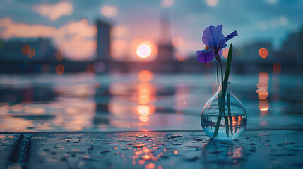 Violet Flower in Glass Vase on Wet Urban Sunset Background