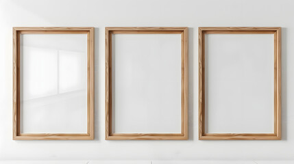 Three large wooden frame mockups in sizes 50x70, 20x28, A3, A4, displayed on a white wall. The frames have a clean, modern, and minimal design,
