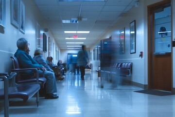 A group of patients and visitors sitting in chairs in a hospital hallway, depicting diverse expressions and interactions - obrazy, fototapety, plakaty