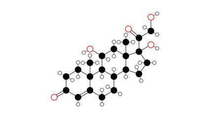 hydrocortisone molecule, structural chemical formula, ball-and-stick model, isolated image cortisol