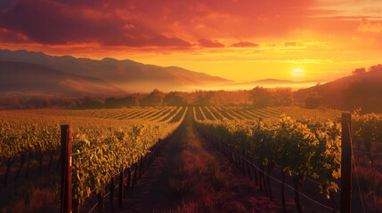  A picturesque vineyard at sunset, with rows of grapevines bathed in golden light and distant...