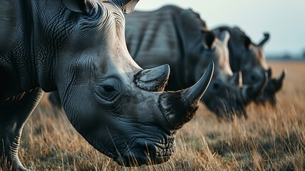 Obraz premium Group of Rhinoceroses Grazing Peacefully on a Grassland, Their Massive Forms a Calm Presence in the Wild Landscape