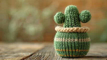 Handcrafted Green Crochet Cactus Toy with Rope on Wooden Table Bokeh Background