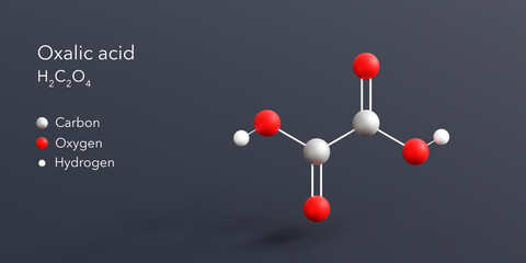 oxalic acid molecule 3d rendering, flat molecular structure with chemical formula and atoms color coding