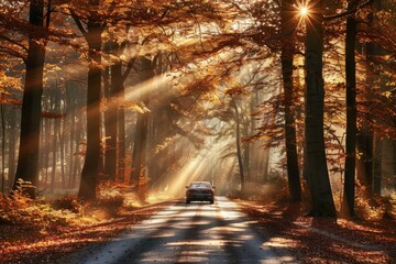 A car maneuvers down a road flanked by dense trees in the autumn forest