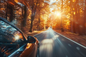A car drives down a road surrounded by trees in an autumn forest