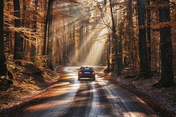 A car drives down a road lined with trees in the middle of a forest during autumn