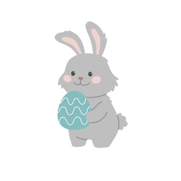 Gray bunny holds a painted Easter egg. Cute holiday rabbit. Vector illustration
