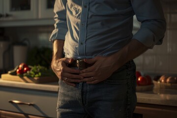 Upon returning home from work, the man found himself grappling with excruciating stomach pain, prompting him to stand frozen in discomfort as he contemplated the source of his agony