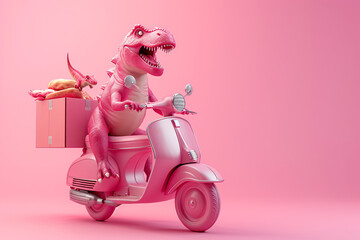 a pink dinosaur on a pink scooter