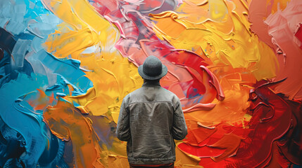 A male artist stands in front of a wall painted with different colors. - obrazy, fototapety, plakaty