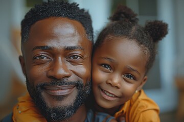 Cheerful African man with a beaming smile posing with his joyful daughter indoors