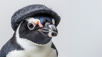 Close Up of Penguin Wearing Stylish Beret on Light Background