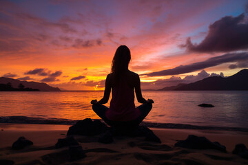 a woman sitting on a beach with a sunset in the background