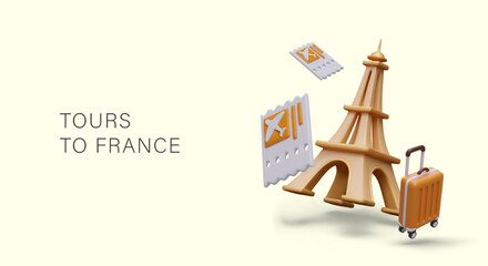 Tours to France. Realistic Eiffel Tower with metallic shine, suitcase, plane tickets