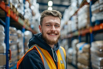Smiling portrait of a young male warehouse worker