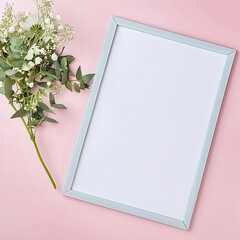 White, blank sheet in a blue frame on a pink background with flowers
