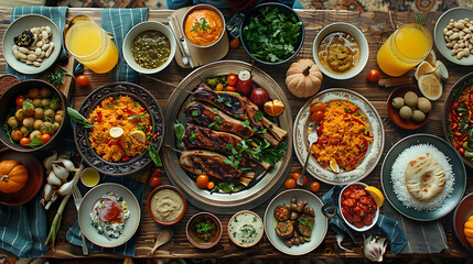 Flat-lay of family feasting with Turkish cuisine lamb chops, quince, bean, vegetable salad, babaganush, rice pilav, pumpkin dessert, lemonade over rustic table, top view, Middle East cuisine - obrazy, fototapety, plakaty