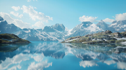 A serene mountain lake reflecting snow-capped peaks and a cloudless blue sky, creating a picture-perfect alpine scene.  - obrazy, fototapety, plakaty
