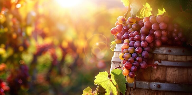 Colorful grapes in the sun, closeup of colorful grapes on grape vines, red and green grapes with sunlight shining through leaves