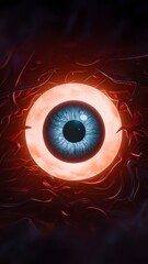 A chilling and captivating 3D rendering of an enormous glowing eye, emanating an eerie, dark aura