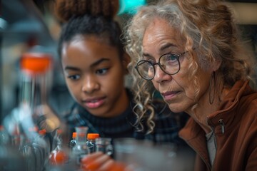An older woman and a young girl with interest gaze at lab equipment, suggesting mentorship and education in science - obrazy, fototapety, plakaty