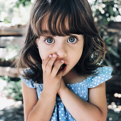 Obraz premium Little, surprised girl covers her mouth with her hand 