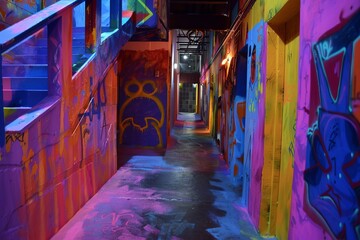 A lively hallway with walls adorned in vibrant colors and covered in graffiti art.