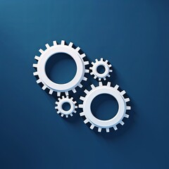 Three white gears on a Indigo background, laid flat, copy space concept for business technology and development in the abstract vector with copy space for photo text or product, blank empty copyspace