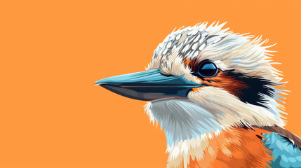 Stylized digital artwork of a kingfisher bird with intricate feather details on an orange backdrop. - obrazy, fototapety, plakaty