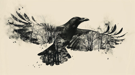 Fototapeta premium Majestic Black Raven Soaring over Winter Forest Trees Artwork