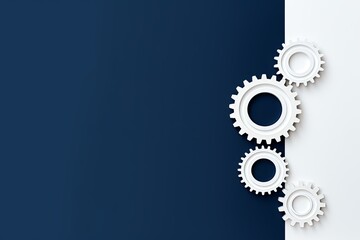 Three white gears on a Navy Blue background, laid flat, copy space concept for business technology and development in the abstract vector
