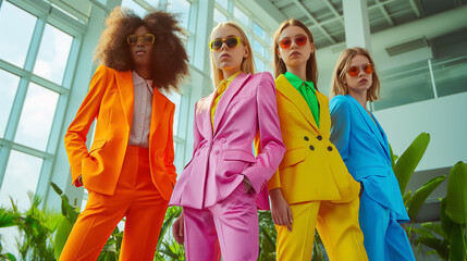 Models Wearing New Fashion Collection Suits at a Modern Office. Luxury Brand, Fancy Formal Clothes, Business Executive Look. Retro, Vibrant, Bold Contemporary style. Freedom, Equality, Career Success.