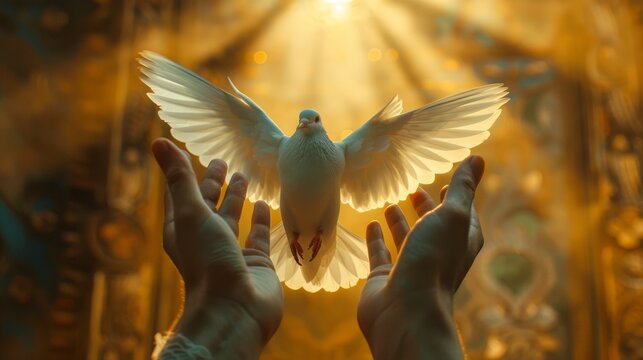 Human hands open palm up worship. Eucharist Therapy Bless God Helping Repent Catholic Easter Lent Mind Pray. Christian Religion concept background. Winged dove Testament Holy Spirit Religious