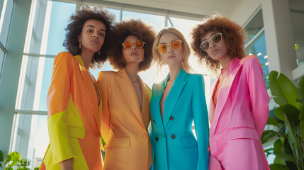 Models Wearing New Fashion Collection Suits at a Modern Office. Luxury Brand, Fancy Formal Clothes, Business Executive Look. Retro, Vibrant, Bold Contemporary style. Freedom, Equality, Career Success.