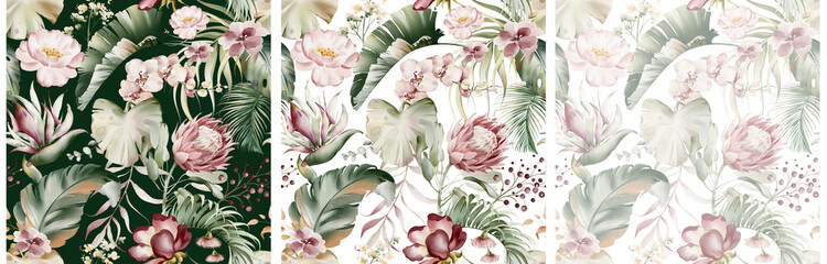 Floral tropical watercolor pattern. Seamless exotic print of Australian flower. Orchid, eucalyptus, protea and rose. Pink flowers and green leaf. Hawaiian design and jungle texture. - obrazy, fototapety, plakaty